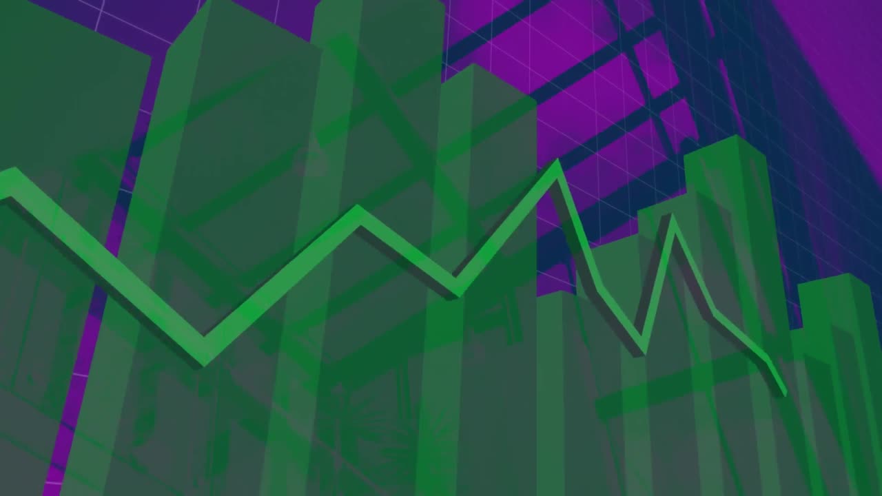 animación del procesamiento de datos financieros con línea verde sobre fondo púrpura