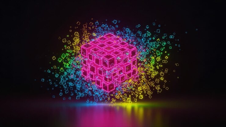 A Vibrant 3D Cube Shattering into Colorful Particles, Showcasing a Dynamic Display of Light and Technology in a Futuristic Background