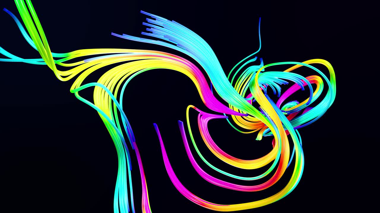 크리에이티브 컬러 3d 모션 디자이너 bg 4k abstract bg는 반이는 리본과 같은 다채로운 선을 형성하여 컬러 노이즈를 형성합니다. 알파 채널로 루마 매트, 구부러진 선, 틴셀, 서브 서피스, 빛나는 재료.