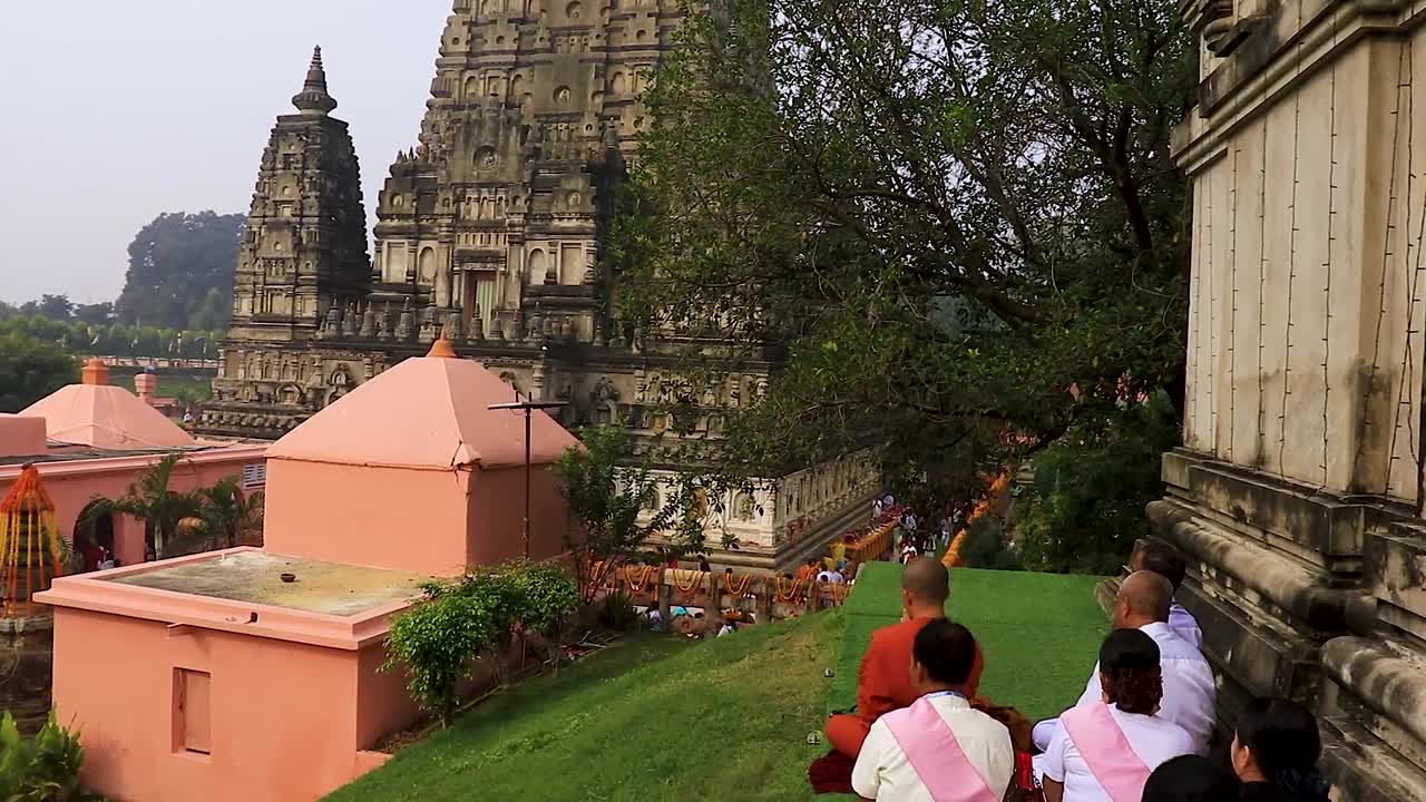 ancient traditional buddhist temple from different angle at day video taken at mahabodhi temple bodh gaya bihar india on Feb 11 2020.