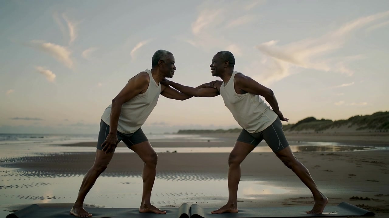 Two senior men in white shirts starting facing lunge on black mats beachside for partner stretch