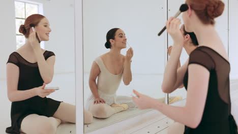 maquillaje, espejo y equipo de ballet en un estudio listo