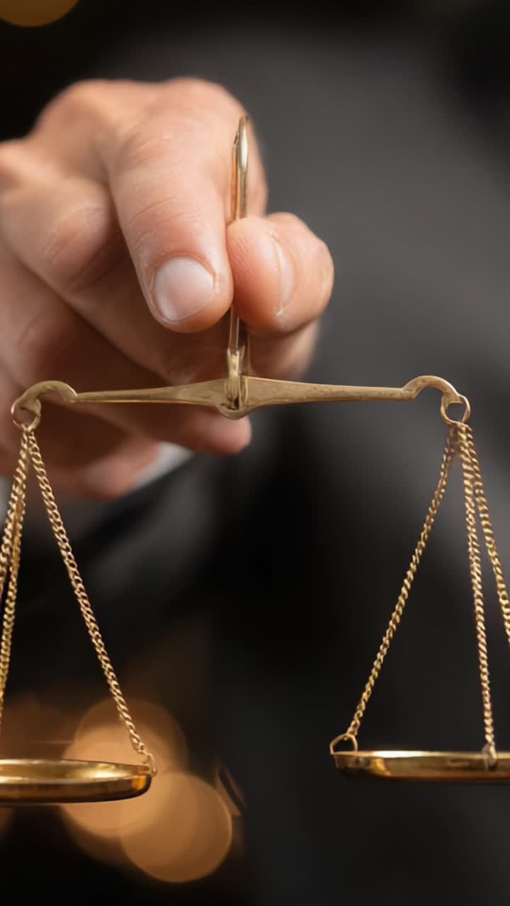 Primo piano di una mano che regge una bilancia in ottone, a simboleggiare la giustizia e l'equilibrio nelle questioni legali, evocando i temi di correttezza ed equità nella società.