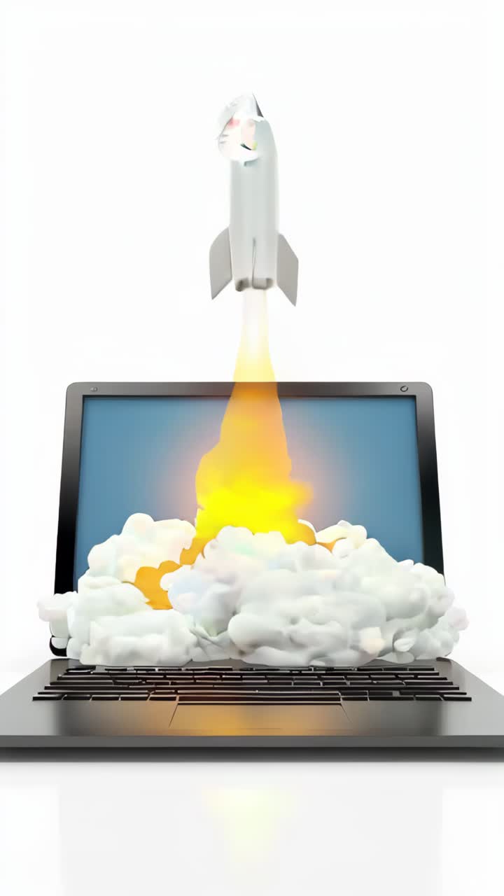 Eine weiße Rakete startet in den Himmel, mit einem Laptop-Bildschirm, der den Start zeigt