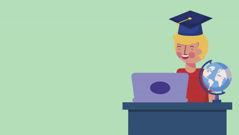 el niño estudiante se graduó con un portátil de animación de personajes de aprendizaje electrónico