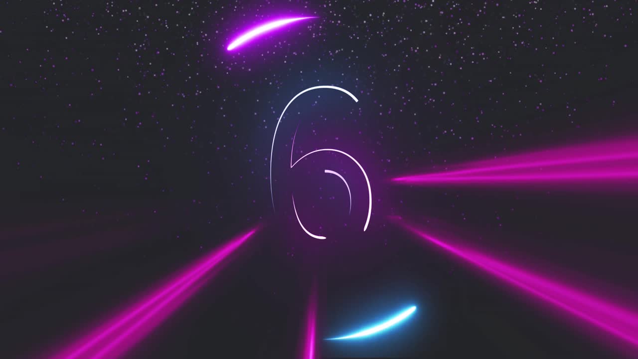 Animation of countdown with neon circle and neon light trails on black background