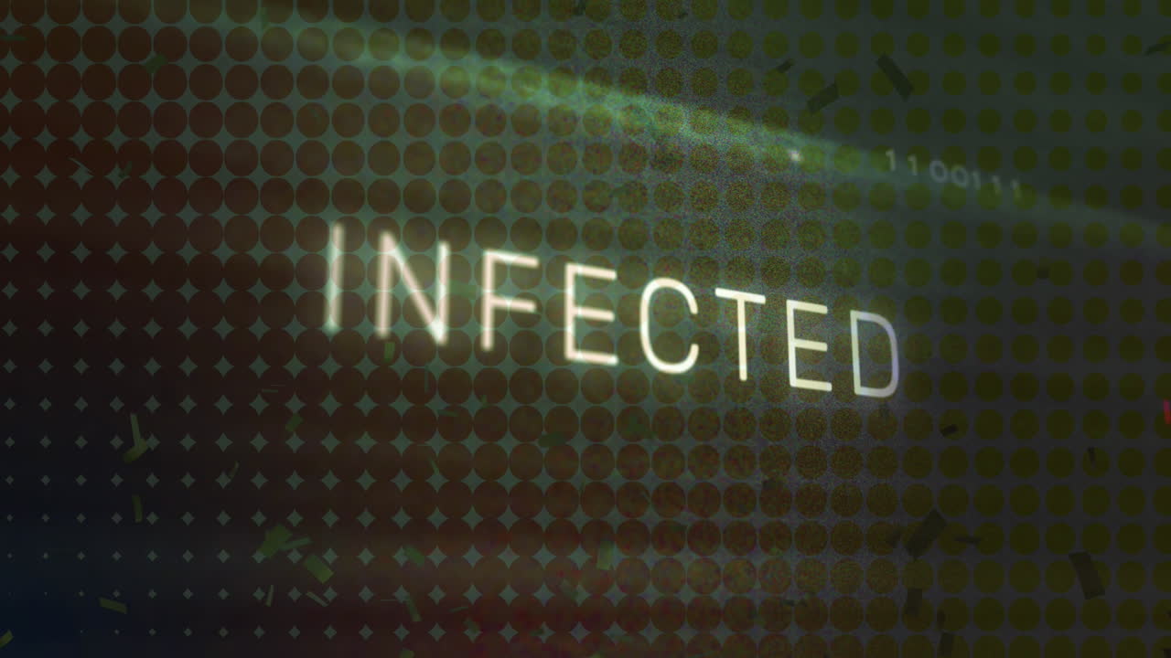 animación de texto infectado, signo x, textura de placa de circuito y técnica de fallo sobre fondo negro.