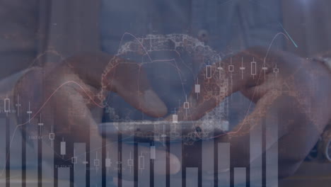 animation of brain spinning and statistics processing over man using smartphone