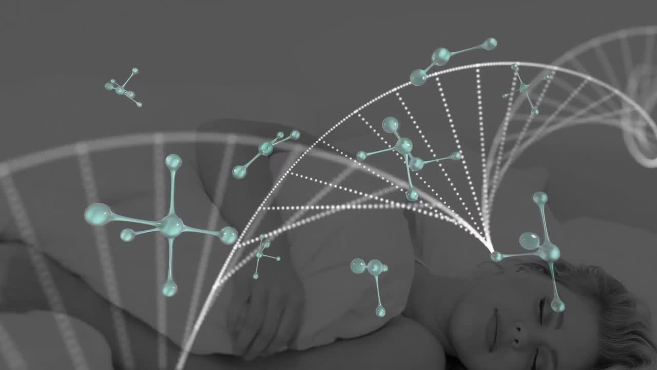잠자는 카우사이안 여성의 침대에 dna 나선형과 분자를 형성하는 떠다니는 점의 애니메이션
