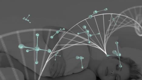 Animation-of-floating-dots-forming-dna-helix-and-molecule-over-sleeping-cauasaian-woman-on-bed
