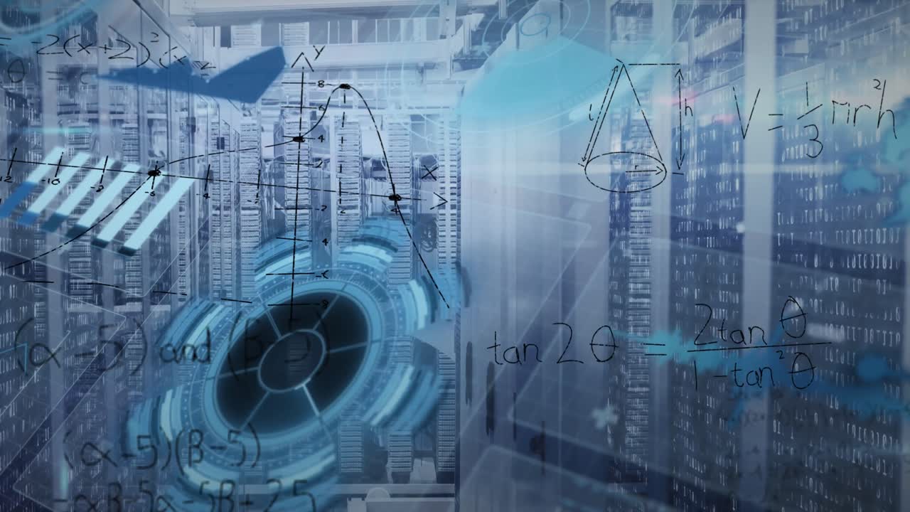 Animation of mathematical equations and data processing against computer server room