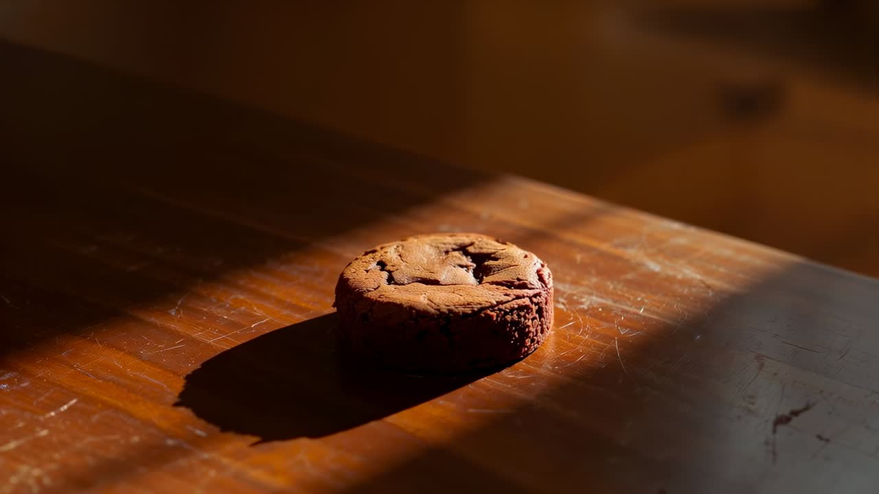 Shifting light sliding across wood table as sun moves, showing cracked brown cookie and long shadow