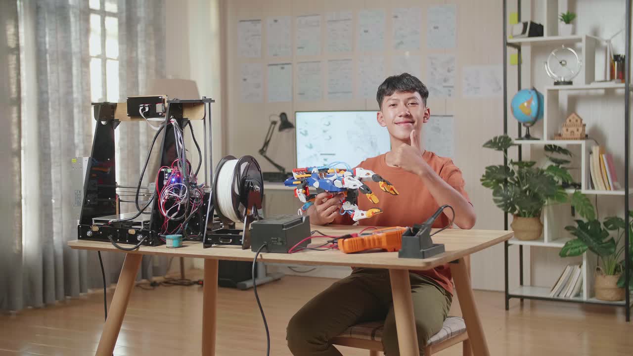 사이보그 손으로 웃는 아시아 소년은 집에서 일하면서 엄지손가락을 위로 올려 카메라에 제스처를 합니다.