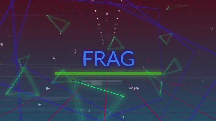 Sfondo con griglia cibernetica in apertura, triangoli che fluttuano e ruotano con strisce glitch, rivelando la barra FRAG