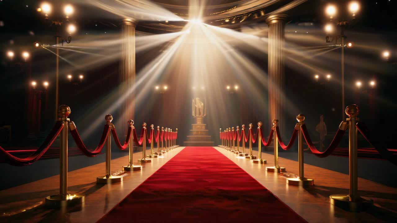 A cinematic video still of a grand hall with a low-angle view, showcasing a red carpet lined