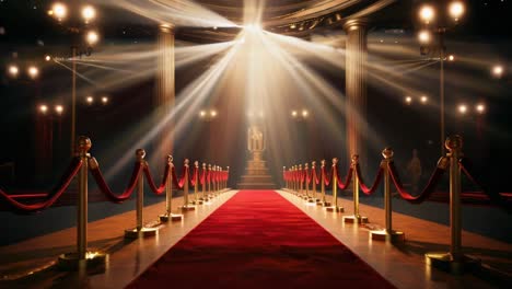 a cinematic video still of a grand hall with a low-angle view, showcasing a red carpet lined