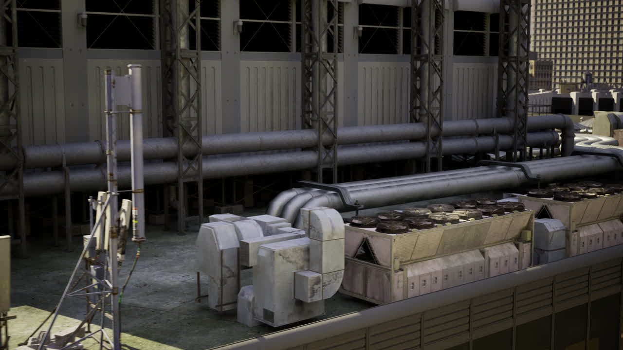 Tetto industriale con sistema di ventilazione e attrezzature di comunicazione in città