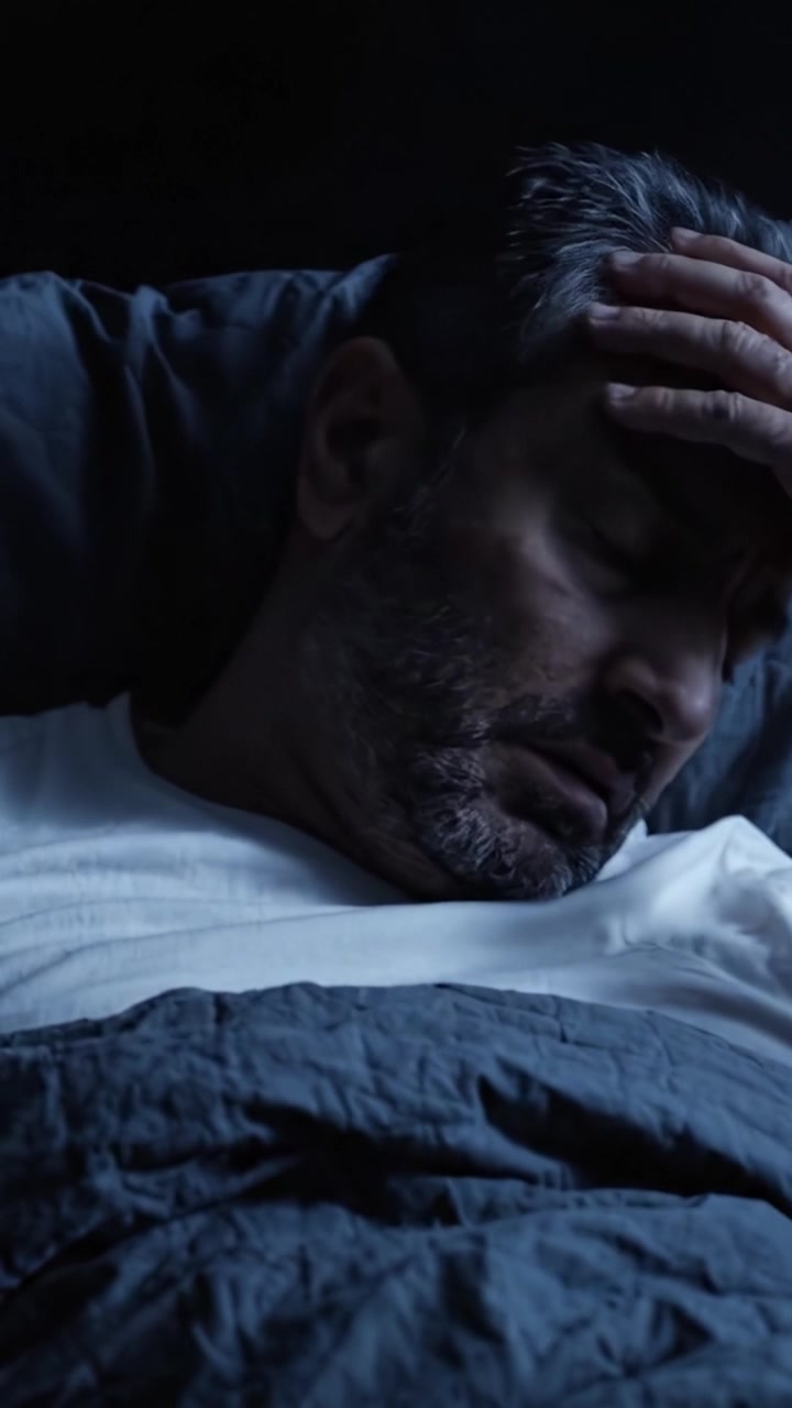 Un Hombre Despierta en Shock: Capturando el Momento de Miedo y Confusión al Darse Cuenta de Algo Inquietante en su Dormitorio Oscurecido.