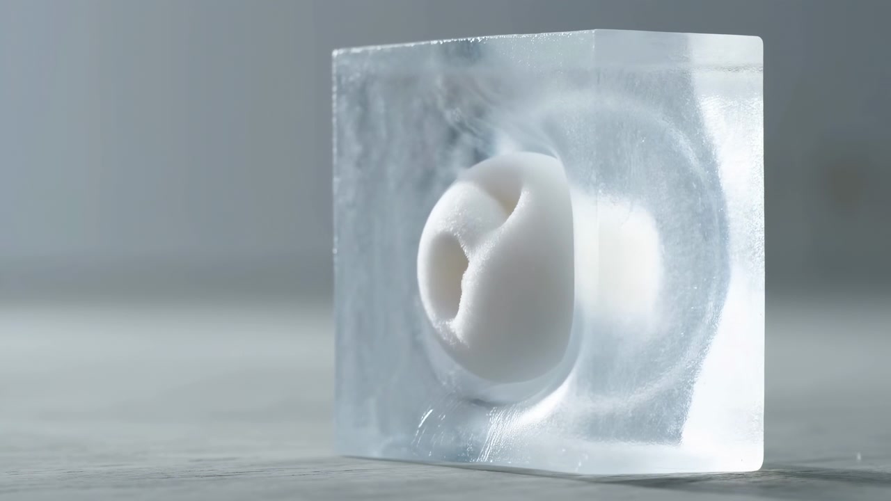 Cubo de hielo translúcido con esfera blanca mate incrustada en la cara frontal, revelando una hendidura circular, estructura de cristal esmerilado, diminutas burbujas de aire, superficies lisas y luz de estudio suave y difusa