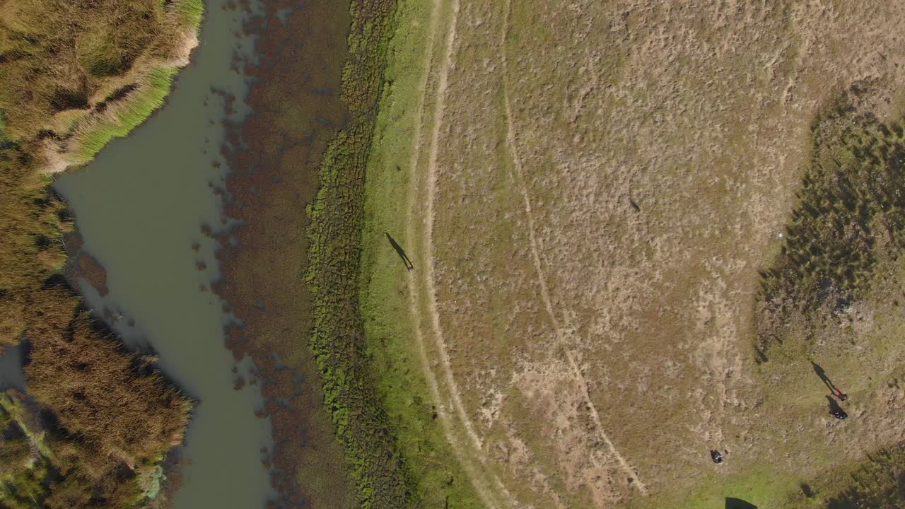 Walking at side of the lake wilcacocha in peruvian andes, wilcacocha lake, cenital shot