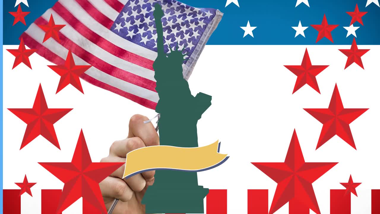 빨간 별 과 미국  ⁇ 발 위 에 복사 공간 이 있는 녹색 자유의 여신 의 애니메이션