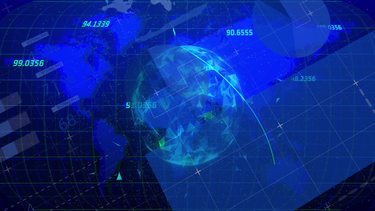 Digital globe and data points animation over world map background