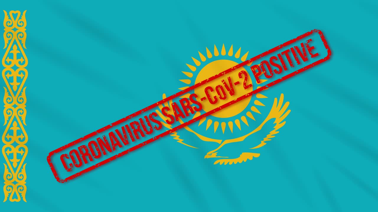Kazakhstan swaying flag stamped with positive response to COVID-19, loop