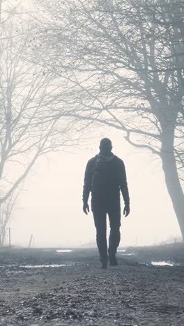 un hombre caminando por un bosque de niebla.