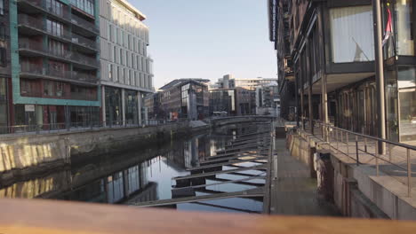 silent docks and residential area at oslos high-end shopping and dining district aker brygge during the pandemic
