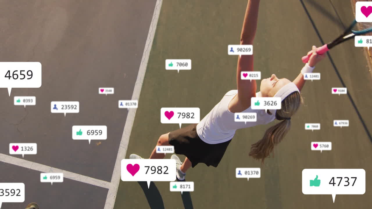 female tennis player executing overhead serve with floating social media icons for marketing