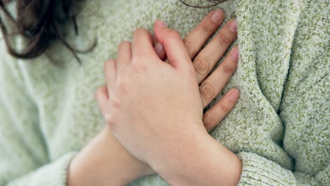 chest, pain and hands of woman with anxiety