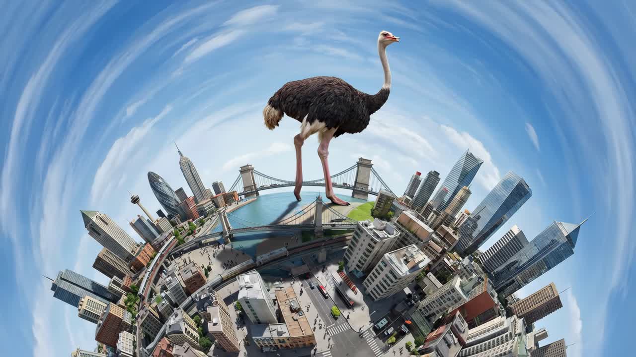 Struzzo gigante che cammina su un mappamondo cittadino in miniatura sotto un cielo blu
