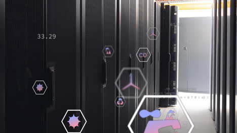 animation of ecology icons and data processing over server room