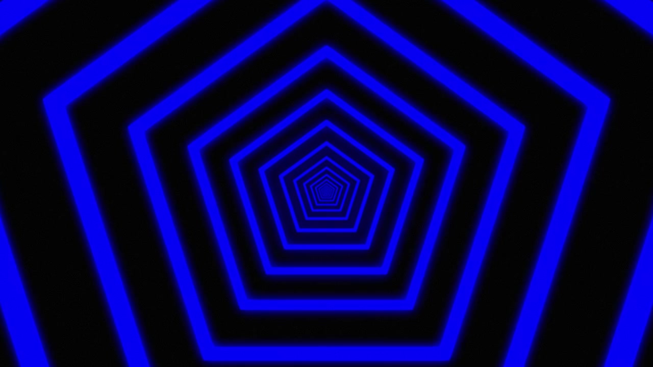 Tunnel astratto di pentagoni blu luminosi che avanzano