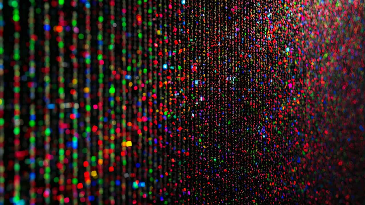 Shifting camera lens revealing RGB LED panel in dim studio, showing columns, subpixels for clarity