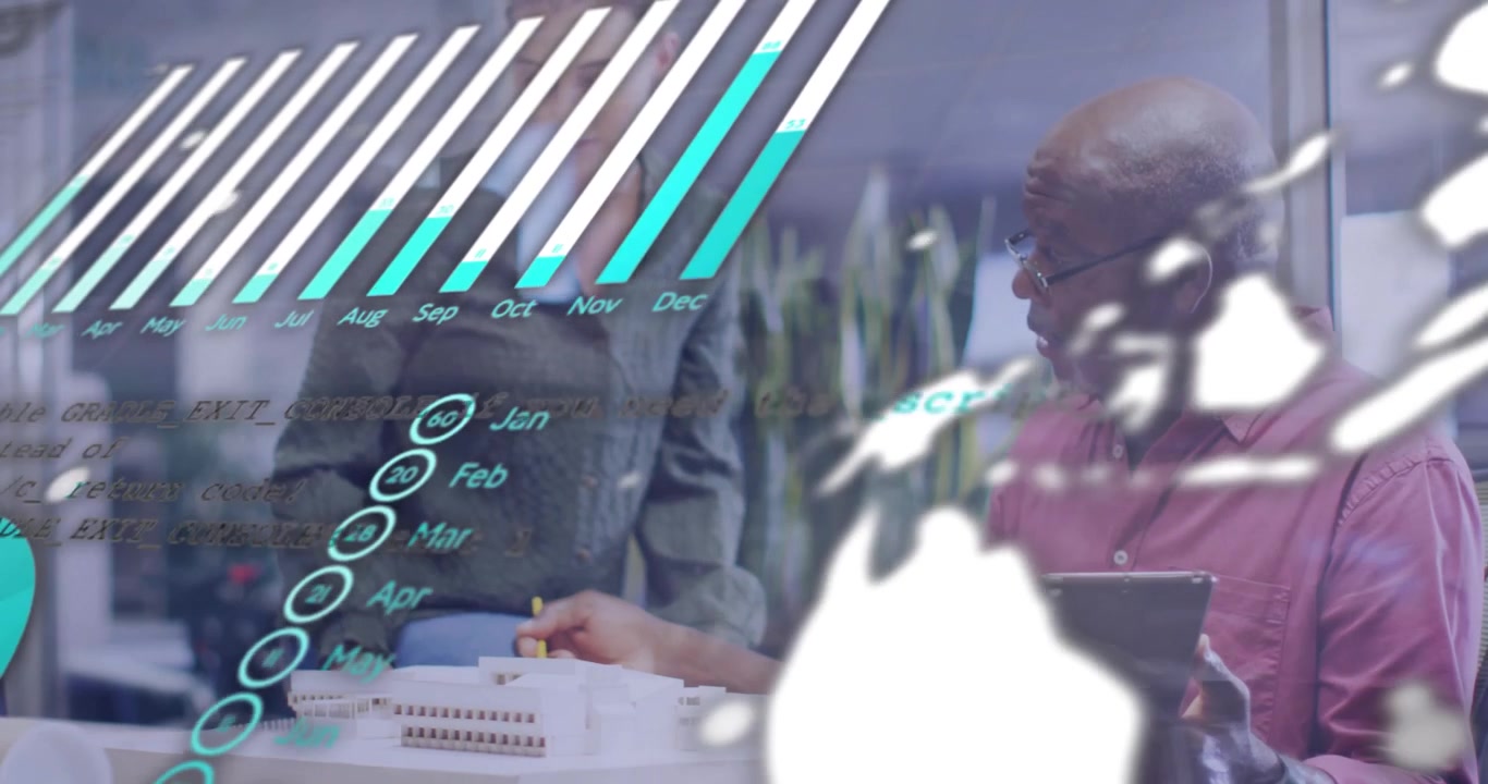 Animation of data processing and diagrams over diverse colleagues discussing work