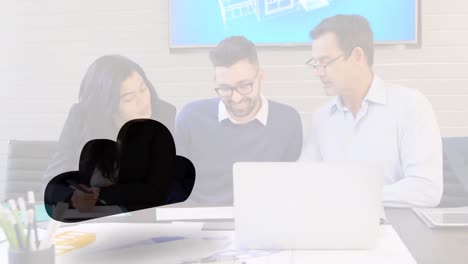 Animation-of-cloud-icon-over-diverse-business-people-in-office