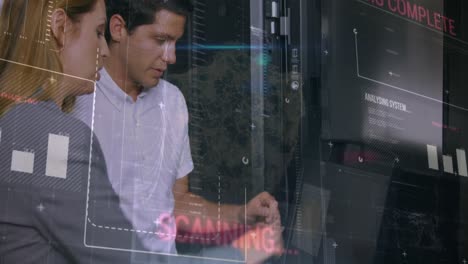animación del procesamiento de datos financieros sobre los trabajadores de la sala de servidores caucásicos