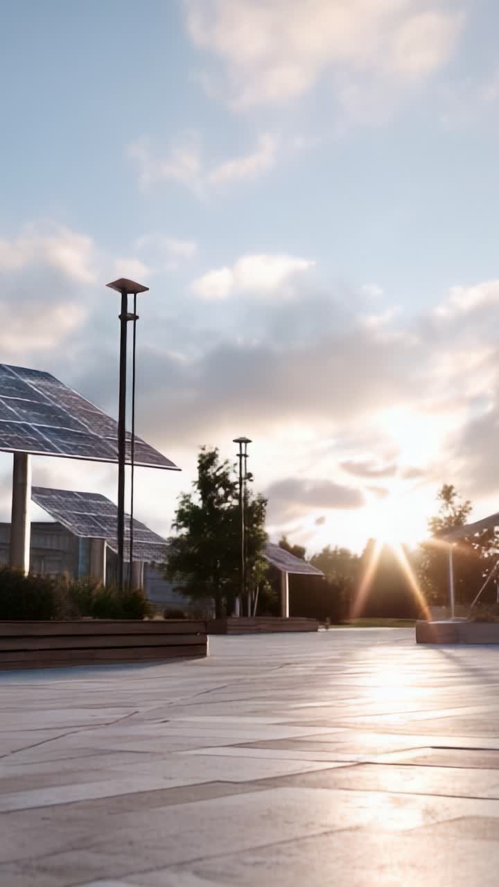 Um pôr do sol sereno sobre painéis solares em uma paisagem urbana moderna, que mostra energia renovável e a natureza entrelaçadas em uma atmosfera tranquila