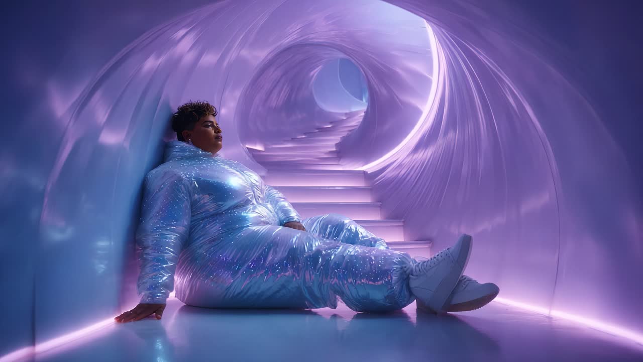 A serene individual clad in a shimmering silver jumpsuit rests against a luminescent spiral tunnel, exuding a sense of calm amidst futuristic design and photogenic aesthetics