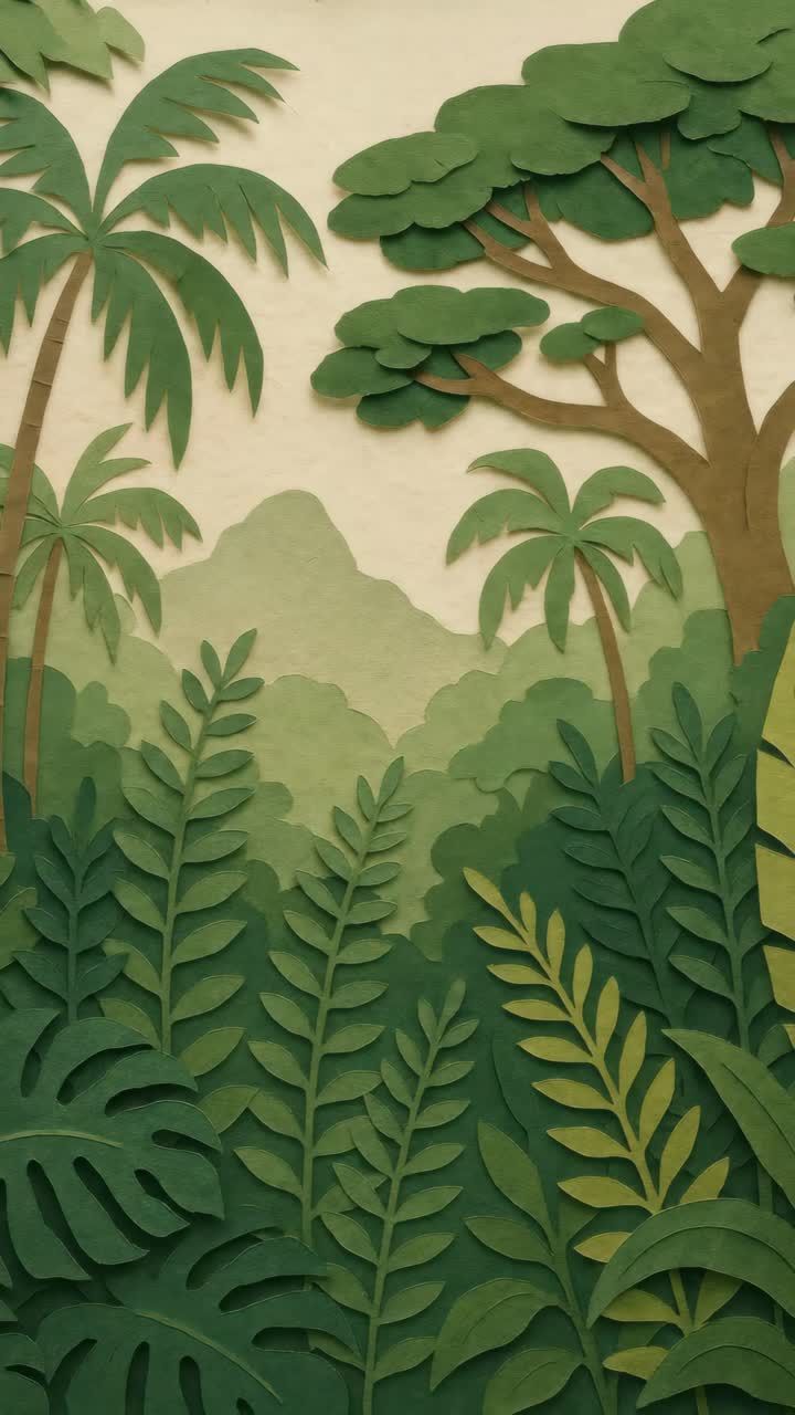 Aerial view of lush, layered paper-cut jungle scene, featuring vibrant green foliage and trees