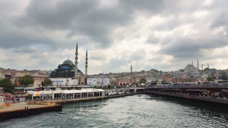 yeni mosque and galata bridge in spring in istanbul, aerial iew