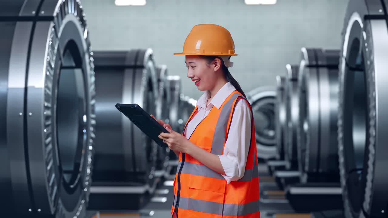 vista lateral de una ingeniera asiática con casco de seguridad mirando la tableta en su mano y mirando a su alrededor mientras está de pie en una fábrica de metales