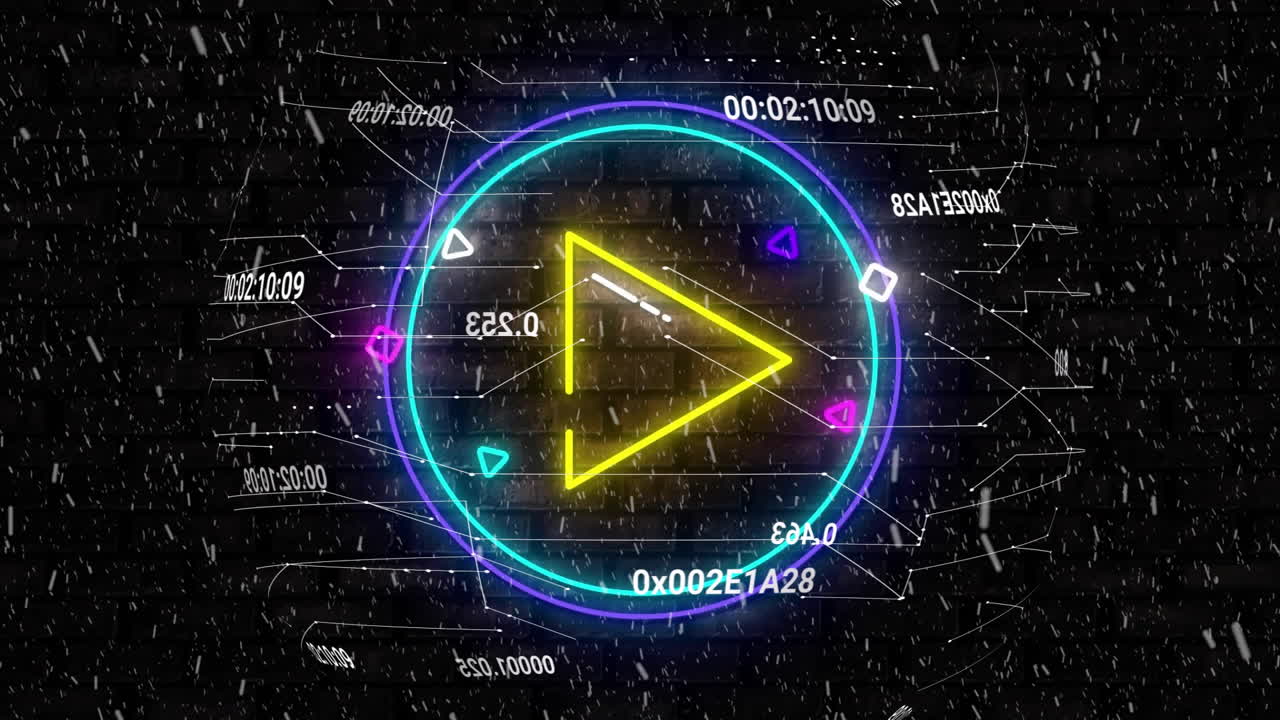 Neon yellow triangle play icon glowing center, with rotating cyan and magenta rings in glitch style