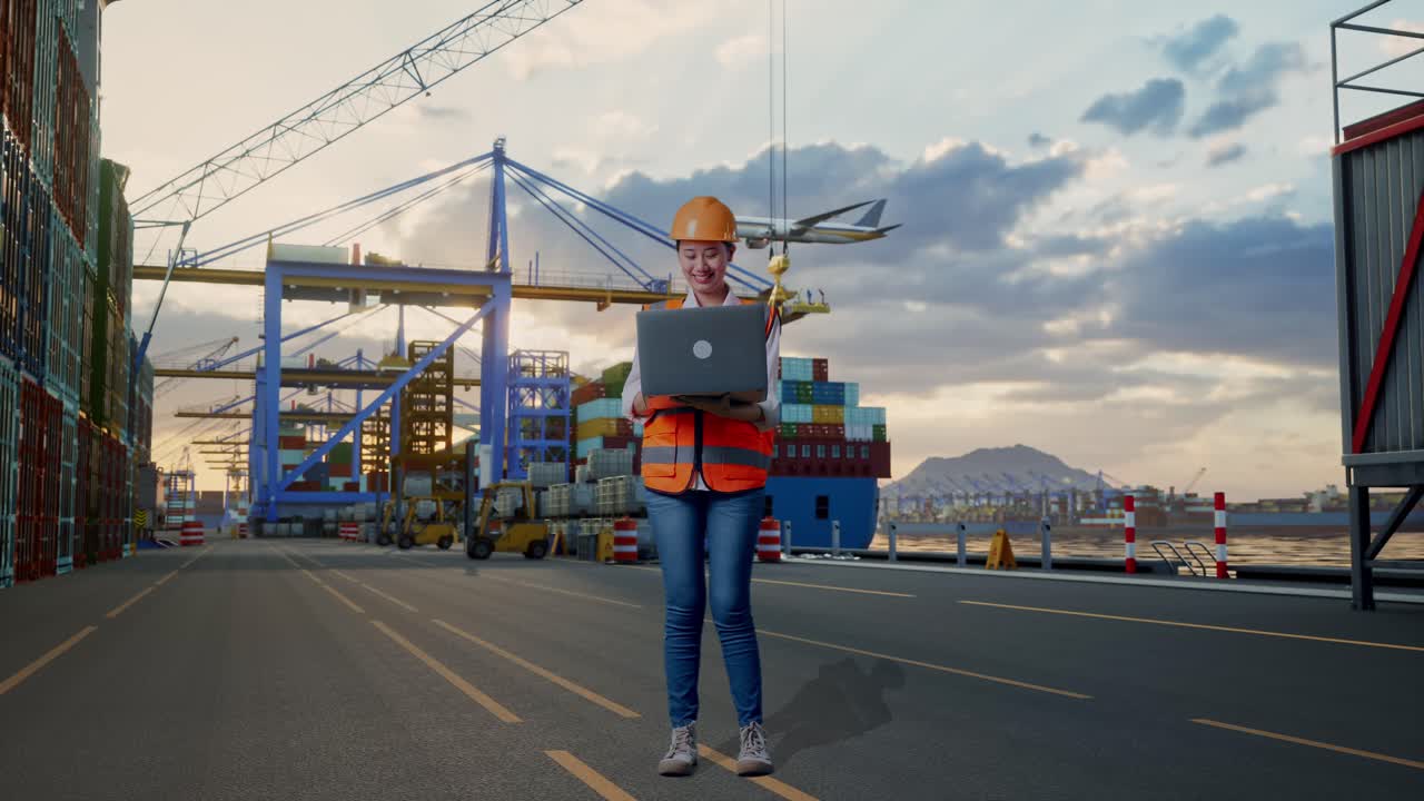 Full Body Of Asian Female Engineer With Safety Helmet Working On A Laptop And Looking Around While Standing at Port with Container Ship and Cranes at Sunset