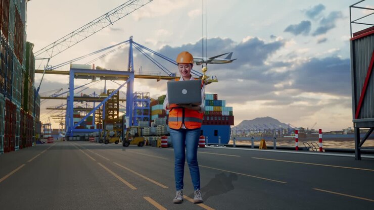 Full Body Of Asian Female Engineer With Safety Helmet Working On A Laptop And Looking Around While Standing at Port with Container Ship and Cranes at Sunset