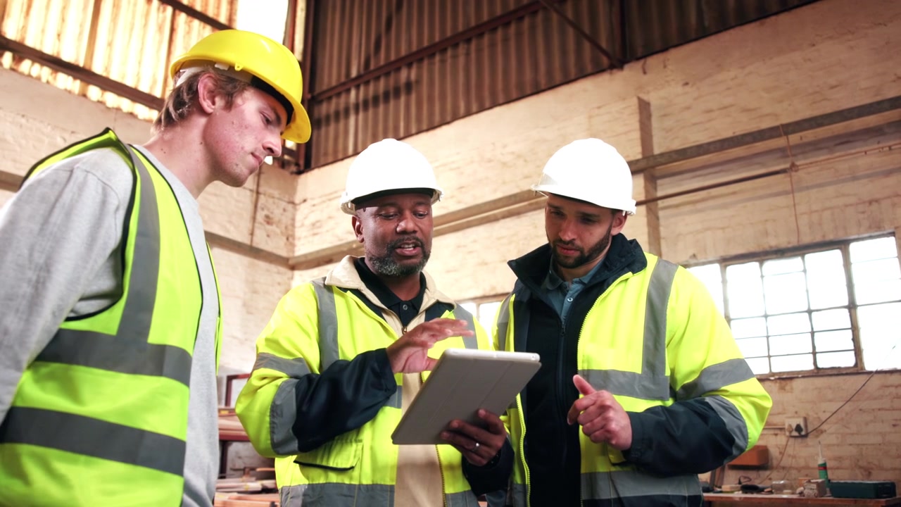 Construction Workers Discussing Project Plans on Tablet in Warehouse