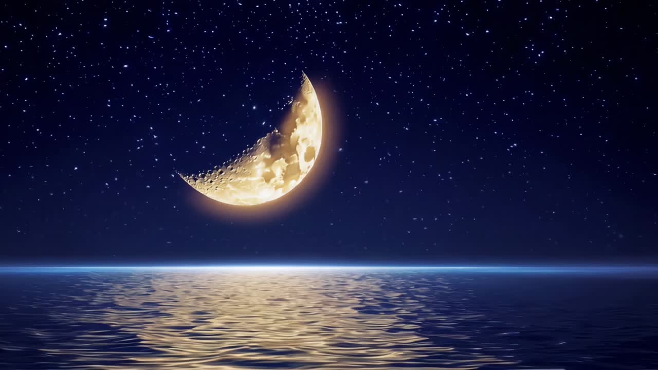 밤에는 조용한 물 위에 있는 반달