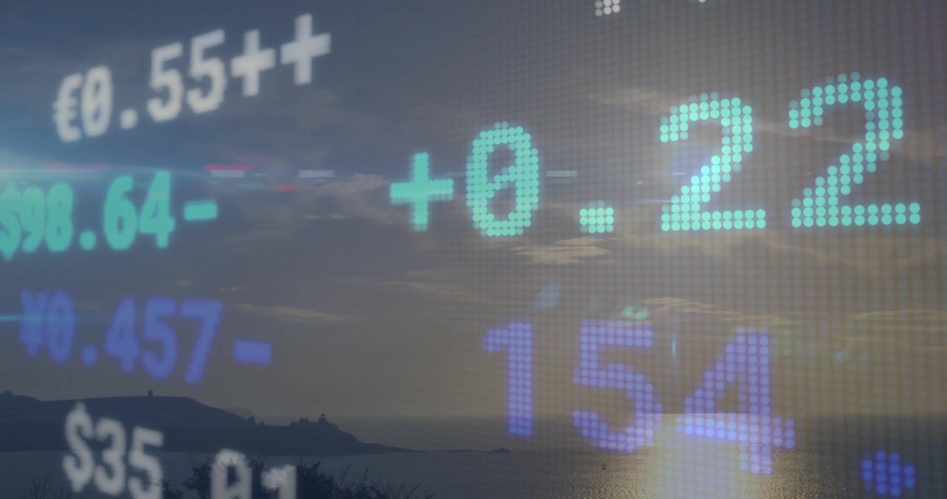 Coastal seascape at sunset initiating financial ticker overlay sliding and showing market changes