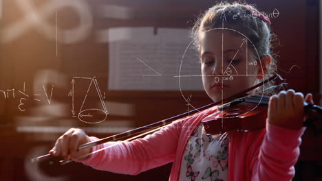 ecuaciones matemáticas flotando contra la chica tocando el violín